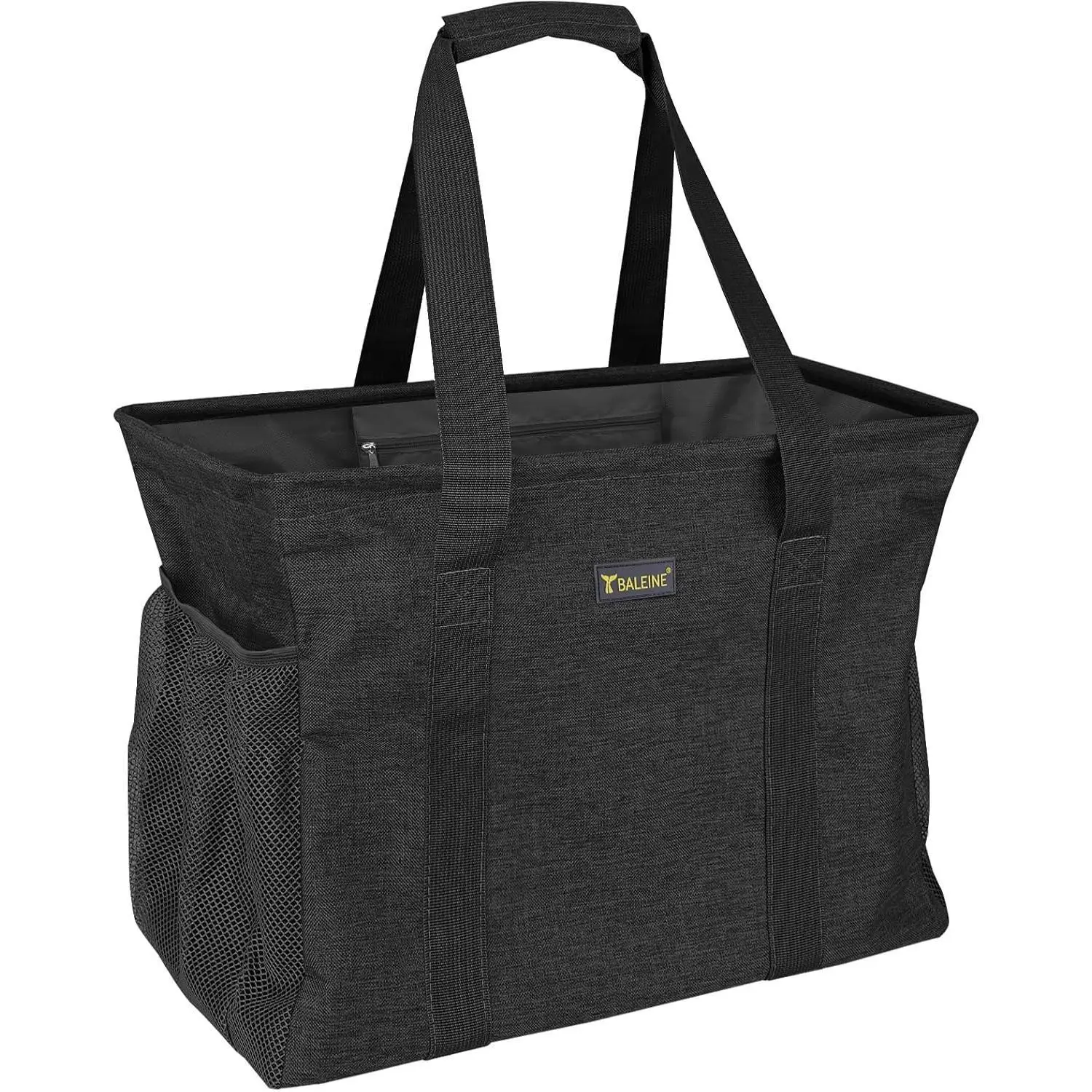 BALEINE Extra Large Utility Tote Bag with Reinforced Wire Frame, Reable Grocery Bag for Shopping, Picnic (Black, 16.5''x14''x10'')