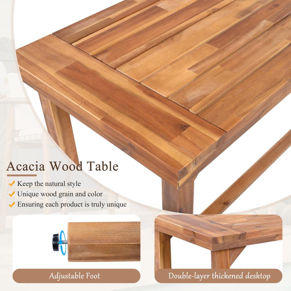 3 Piece Outdoor Bar Set, bistro Patio Acacia Wood Bar Height Table & 2 Stools with Cushions, Wood Dining Bar Set for Backyard, Poolside, Balcony, Beige Cushions