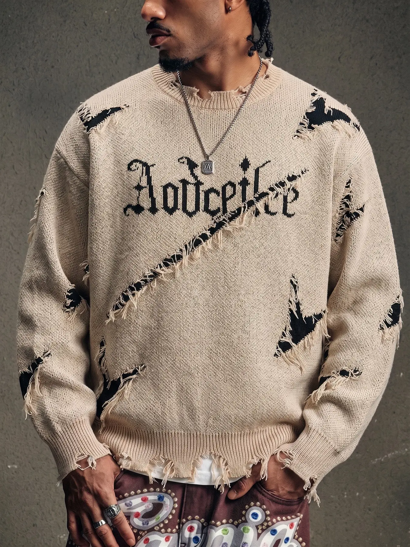 Men's Vintage Pullover Sweater Fall Winter ripped Loose Fit Letter Printed Crew Neck Knitted Sweatshirts, Retro Grunge 2000s Casual Soft Long Sleeve  Knit Jumper Back to School Clubwear Halloween Party Outfit