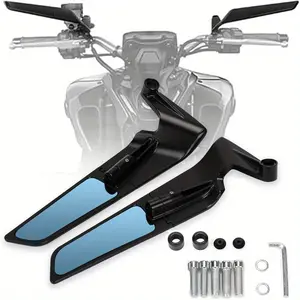 Rearview mirrors designed for high-performance motorcycles. Their distinctive shape efficiently reduces wind drag and improves performance. Crafted from aluminum alloy, these mirrors fit motorcycles of Kawasaki, Honda, Harley-Davidson, Suzuki and Yamaha.