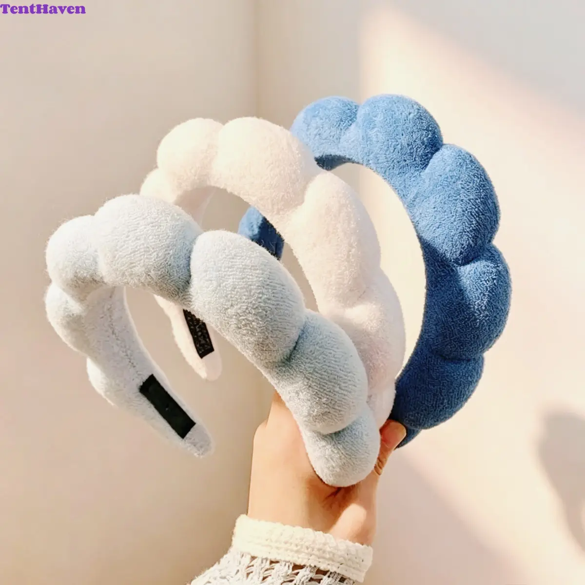 Women's 3-Pack Fluffy Cloud-Shaped Headbands - Soft Terry Cloth Cotton Mix Non-Slip Fluffy Band, Cute Skincare Makeup Accessory, Cozy Look Versatile Headwear for Daily Home Autumn Winter Wear, Daily Wear