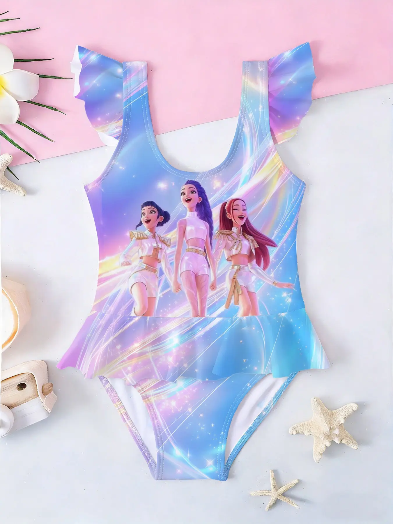 Girls' Korean Style One-Piece Swimsuit, Blue Laser Cartoon Print, Sleeveless Romper, Summer Beach Swimwear, All Seasons