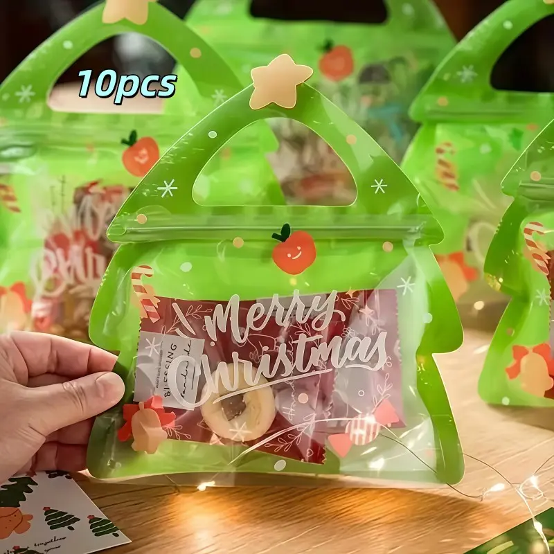 10 Creative Christmas Tree Self-Seal Snack Bags, Sealed Moisture-Proof Portable Gift Bags, Perfect for Holiday Gifts and Treats