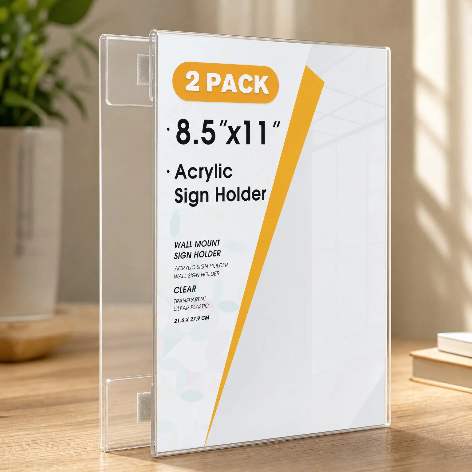 Acrylic Sign Holder 8.5 x 11 Wall Mount with Tape, 2 Pack, Vertical | Strong Double Sided Tape, Easy Insert and Replace Paper Poster Document Flyer, Acrylic Wall Frame for Office, Home, StoreGift