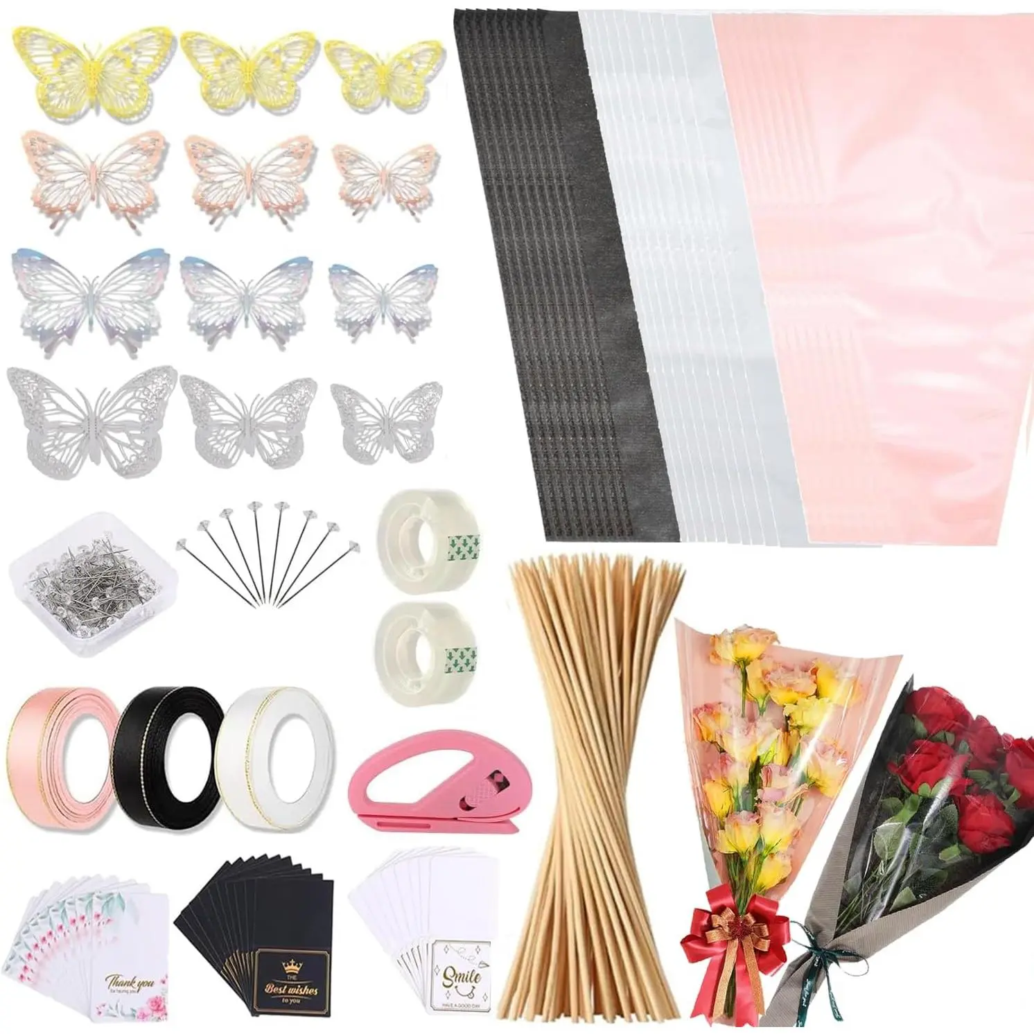 Modern Large Size Floral Wrapping Paper Kit (Flower-5) - 80 Sheets Floral Paper, 3 Rolls Ribbon for Bouquet Wrap, 2 Rolls Transparent Tape, 100 Flower Pins, 48 Butterflies, 9 Shiny Rim Crowns for Exquisite Decor