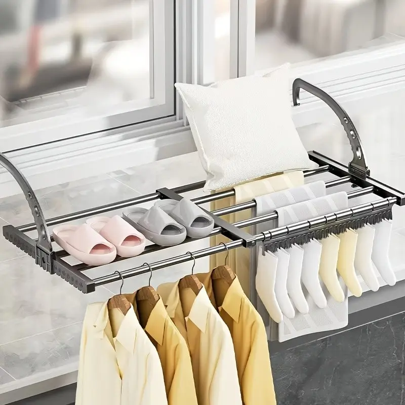 Balcony Window Rail Hanging Drying Rack, Foldable Retractable Stainless Steel Laundry Airer, Space-Saving Hanger for Shoes Socks Clothes