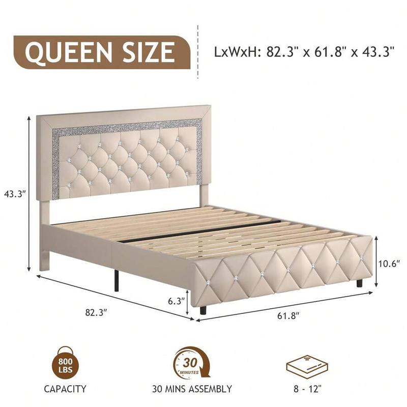 Romantic Luxury Upholstered Bed Frame with Diamond Headboard & Footboard Twin Full Queen Sizes Pearl White Beige Black Grey Pink Purple Green Modern Trendy Sturdy Anti-noise