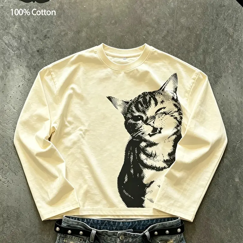 Unisex Y2K American street-style loose-fit long-sleeve, Crewneck T-shirt featuring a cute cat print, 100% cotton, suitable for spring and autumn, a fun, quirky design perfect for pet lovers or as matching couple's wear, available in multiple colors