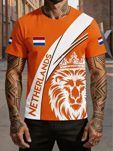 Men's Dutch Lion Theme Football Short Sleeve Shirt, Perfect for Stadium Viewing, Outdoor Soccer, Fan Gatherings, Campus Sports