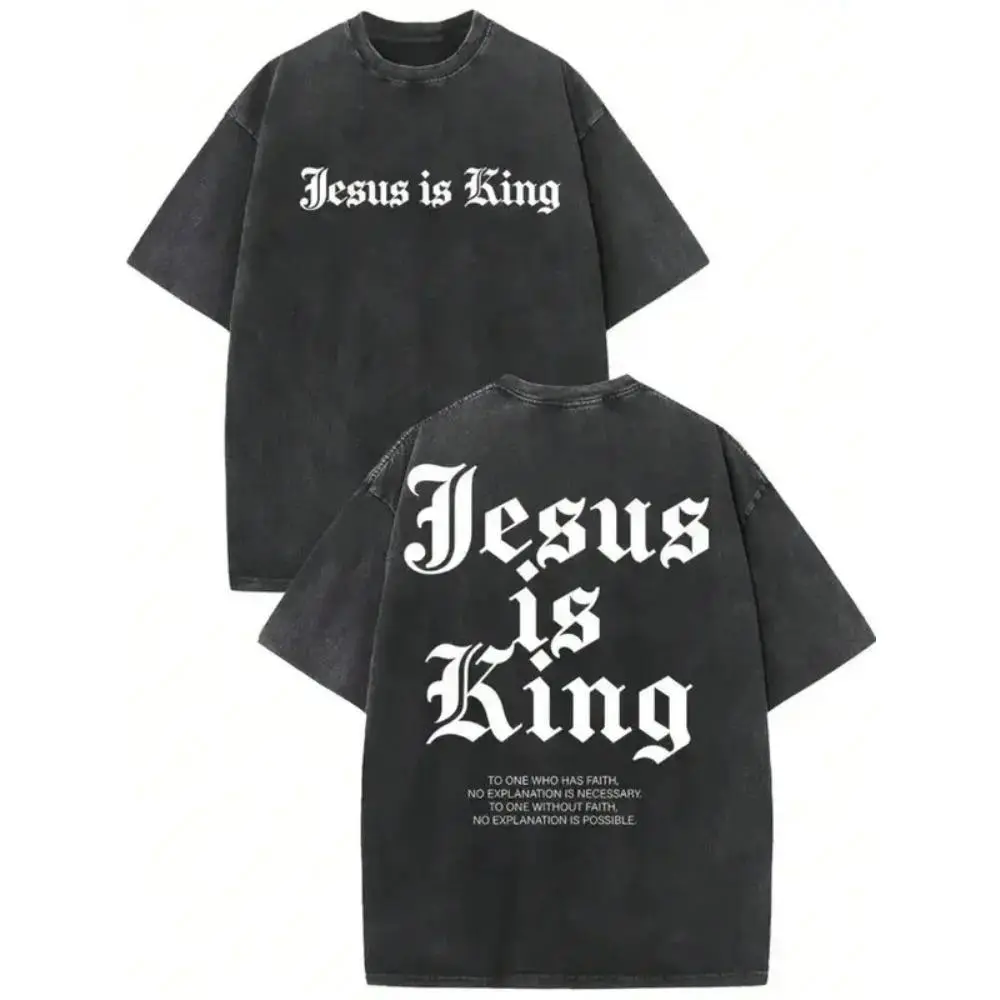 Men's Retro Washed Cotton Jesus Is King Short-Sleeve Round Neck Loose Lightweight Fold Casual Basic T-Shirt - Menswear Sports Top, Ideal for Summer Outing