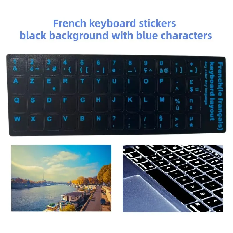 AZERTY French Keyboard Stickers, black base with blue letters. Fits laptops & mechanical keyboards. Matte scratch-proof, full French accents, residue-free. Convert QWERTY to standard French layout simply, no keycap replacement needed.