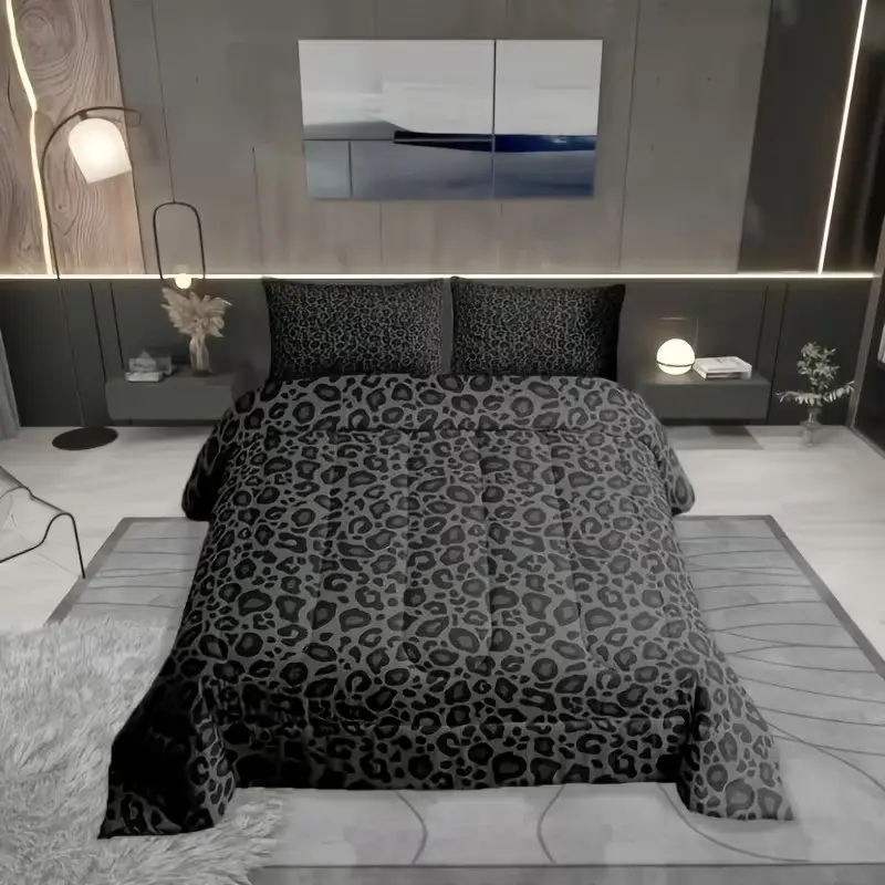 3pc Digital Print Leopard Pattern Quilt Set, Soft Polyester Fiber Wadding, Includes 1 Quilt & 2 Pillowcases, Ideal for Bedroom Use