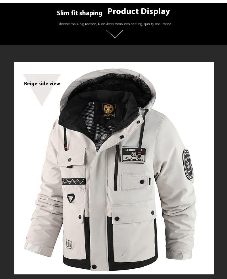 BIGWIG men's autumn and winter hooded parka, thickened warm work jacket, multi-pocket work top, windproof and waterproof cotton clothing, sports hooded jacket, cotton warm soft shell clothing, outdoor camping outdoor jacket