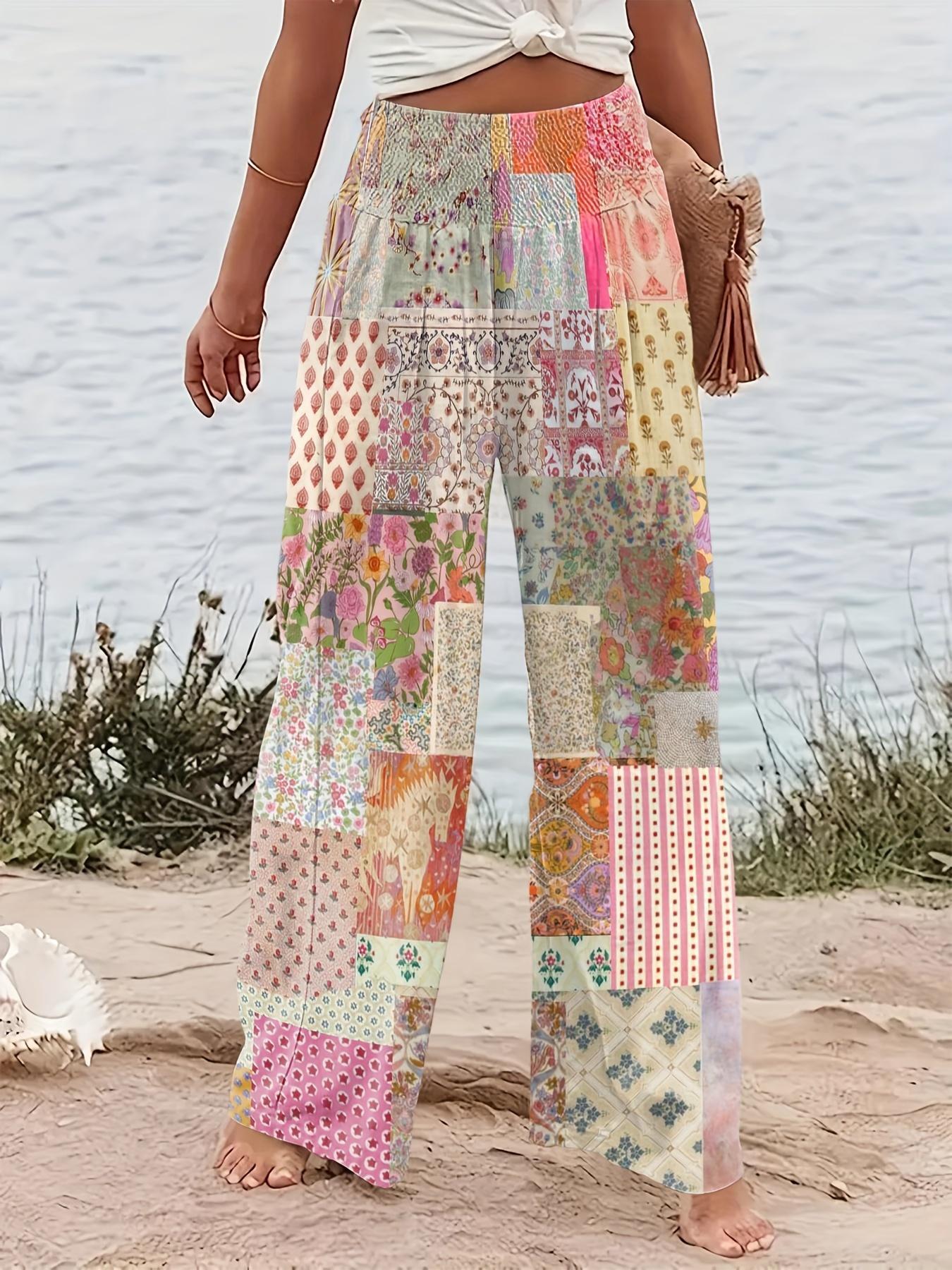 Women's Patchwork Print Elastic Waist Wide Leg Pants, Boho Bohemian Casual Trousers for Beach Vacation Holiday, Ladies Bottoms for All Seasons