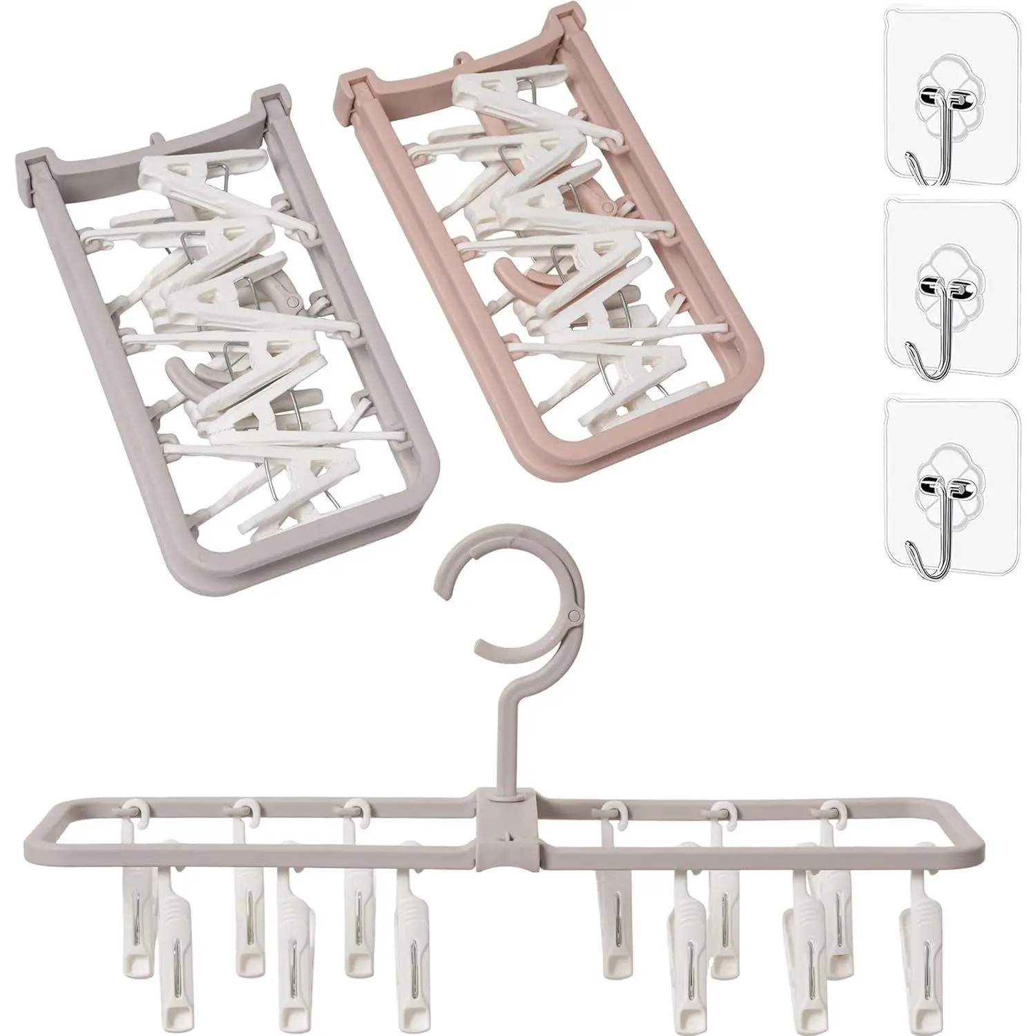 Clothes Drying Racks 2 Pack Small Folding Portable Underwear Hangers with 12 Clips 360° Rotatable Hook for Socks Drying Towels Bras Baby Clothes Gloves Plast 3 pcs Traceless Hook