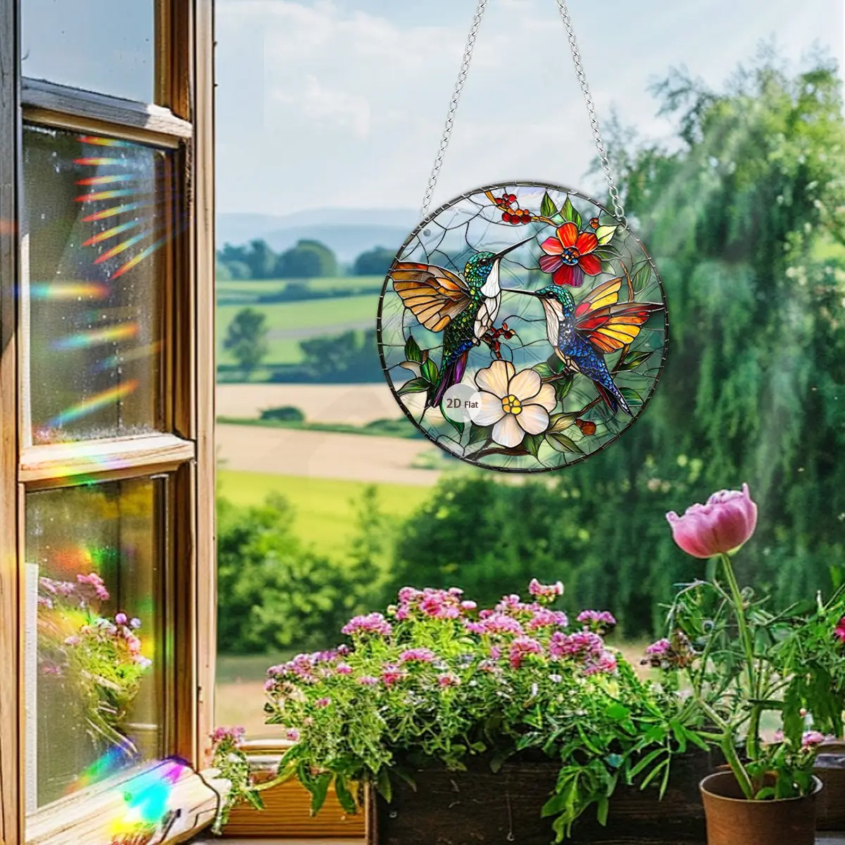 2D Acrylic Sun Catcher Window Hanging Ornament, Double Chain Stained Glass Style Hummingbird & Floral Round Suncatcher, Rainbow Light Catcher Home Window Decor Gift