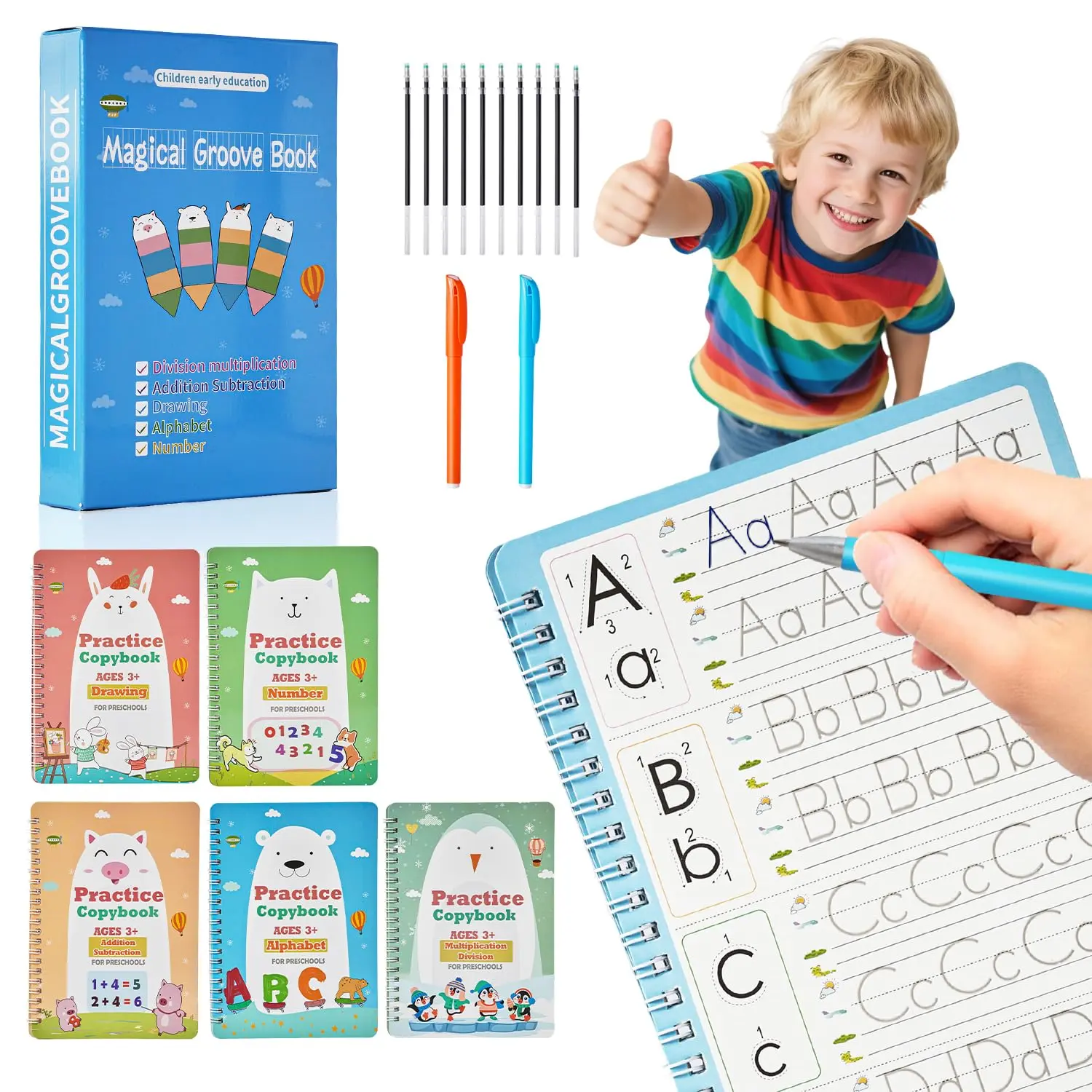 Magic Grooved Writing Books for -Handwriting Practice for  5-8 - Tracing Books for  Ages 3-5 - ,  Learning-Letters, Numbers, Math, Drawing (Blue Box, 10.3 in x 7.3 in)