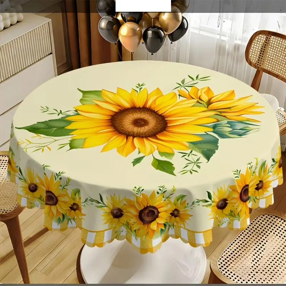 2D Flat Party Tablecloth, Sunflower Pattern Round Tablecloth, Rustic Design, Plaid Border, Perfect for Home Decor, Indoor/outdoor Use