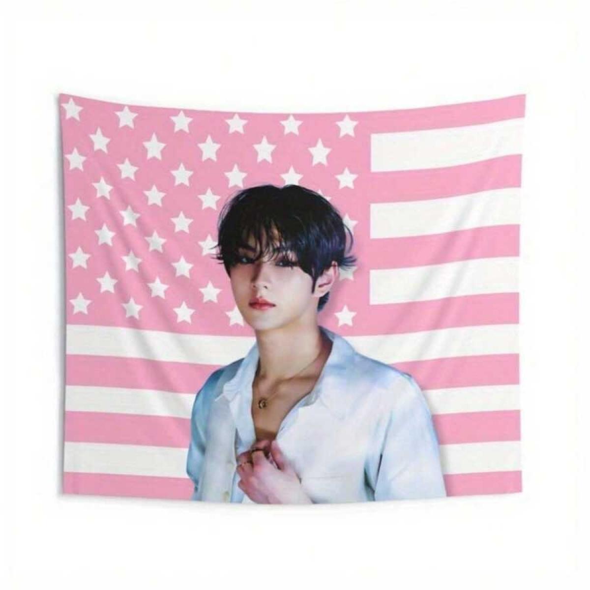 1pc Enha Jungwon Kpop Tapestry Banner American Flag Design With Stars & Stripes Polyester Fabric  Peach Light Beige Velvet Texture Perfect For Kpop room decor