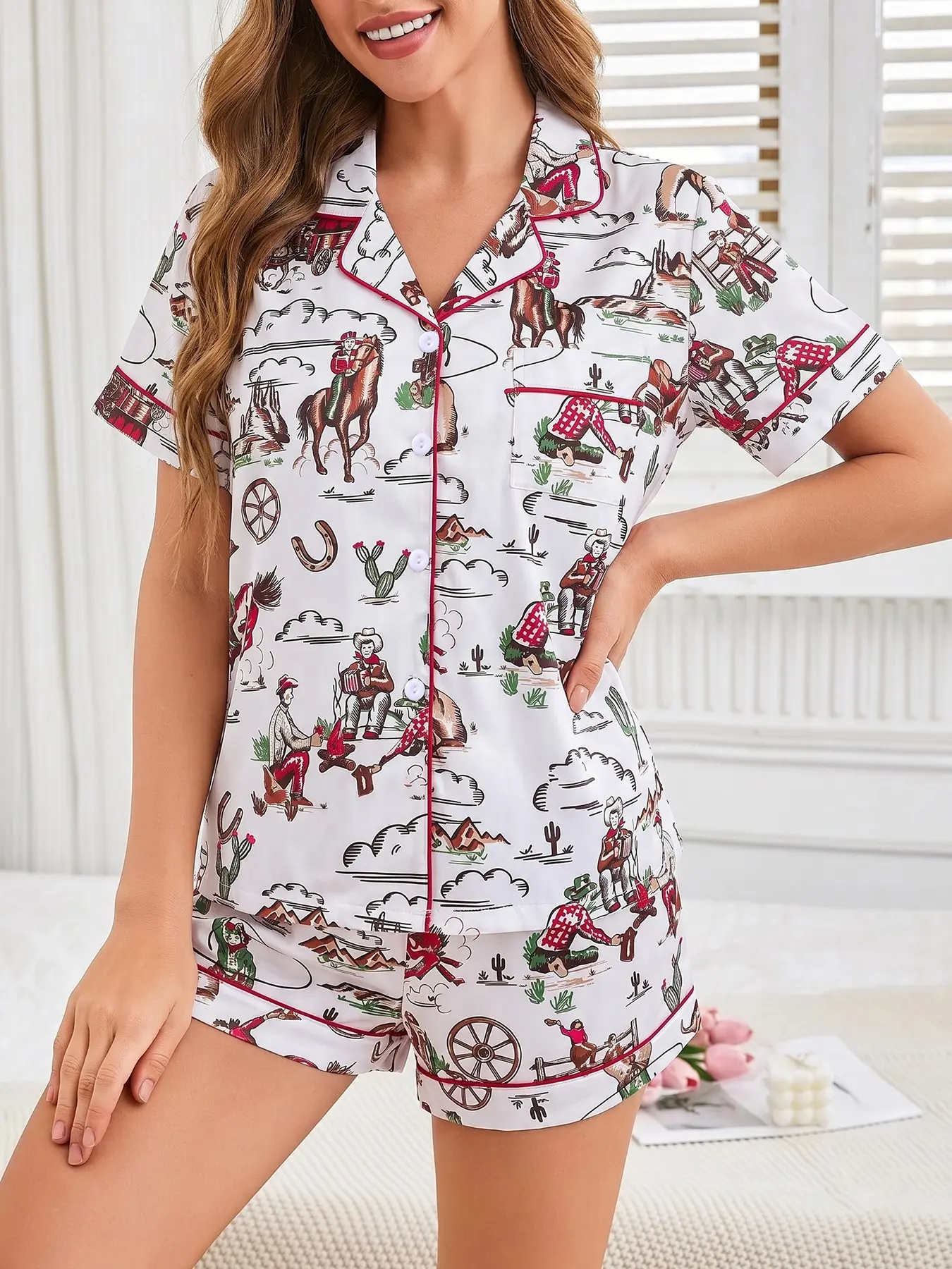 Women's 2-piece pajama set, Nightwear Lounge Set, with vintage Western cowboy prints of riders, horses, cacti on white base red contrast piping Lapel short sleeve top with pocket elastic waist shorts retro loungewear all-season home wear