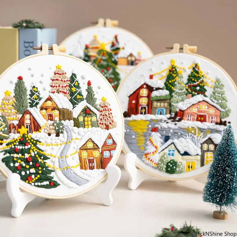 2026 New Unisex Cross-Border Christmas DIY Embroidery Craft Kit - Beginner-Friendly Needlework Starter Set with Synthetic Threads, Fabric, 20cm Faux-Bamboo Hoop Frame, Merry Designs, Room Decor Gift Idea