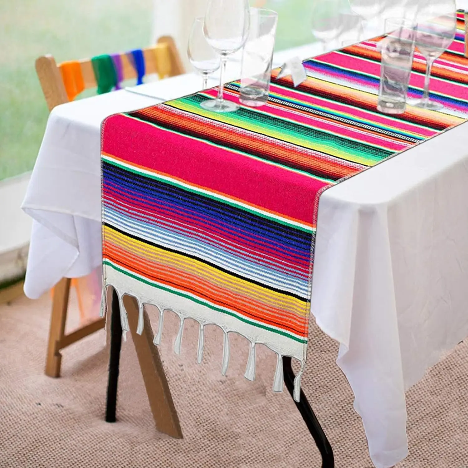 Mexican Serape Table Runner 14 x 84 Inch for Mexican Party Wedding Decorations Outdoor Picnics Dining Table  Table Runners for Fringe