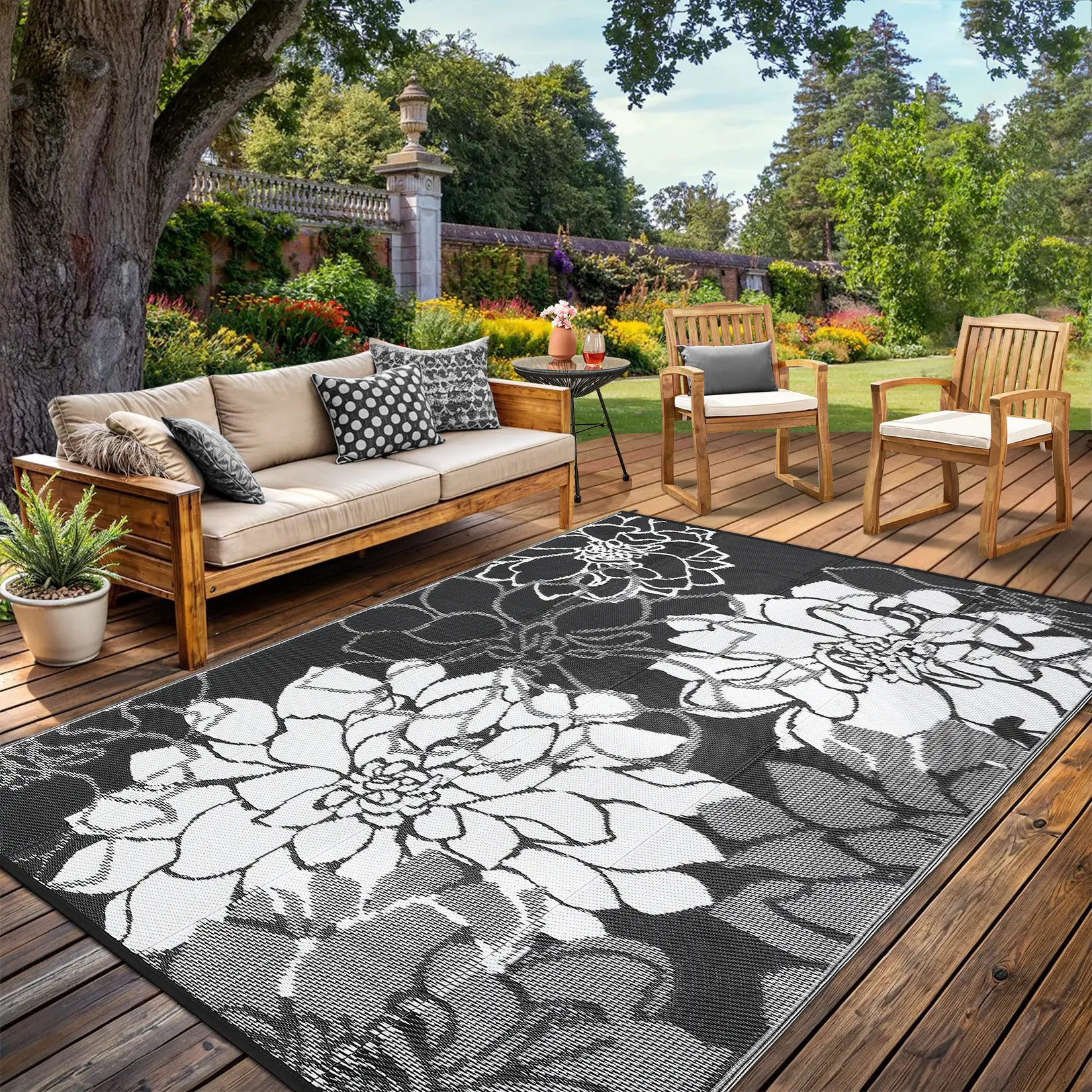 Waterproof 9x18 9x12 8x10 Plastic Straw Outdoor Rug Reversible, Blue Botanical Floral Large Camping Mat, UV-Resistant Portable Foldable Patio Carpet with 4 Stakes & Carry Bag for RV Pool Deck Balcony Porch