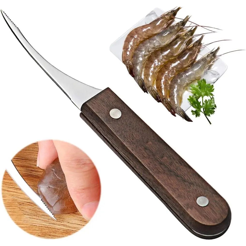 Shrimp Deveiner Tool Stainless Steel Shrimp Cleaner  with Wooden Handle