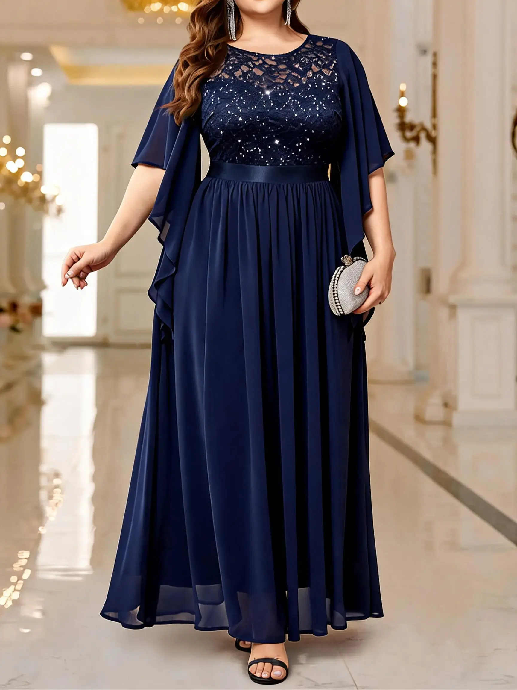 MISSMAY P83099 Plus Size Elegant Sequin Lace Contrast Butterfly Sleeve Chiffon Cape Formal Cocktail Evening Party Maxi Long Dress