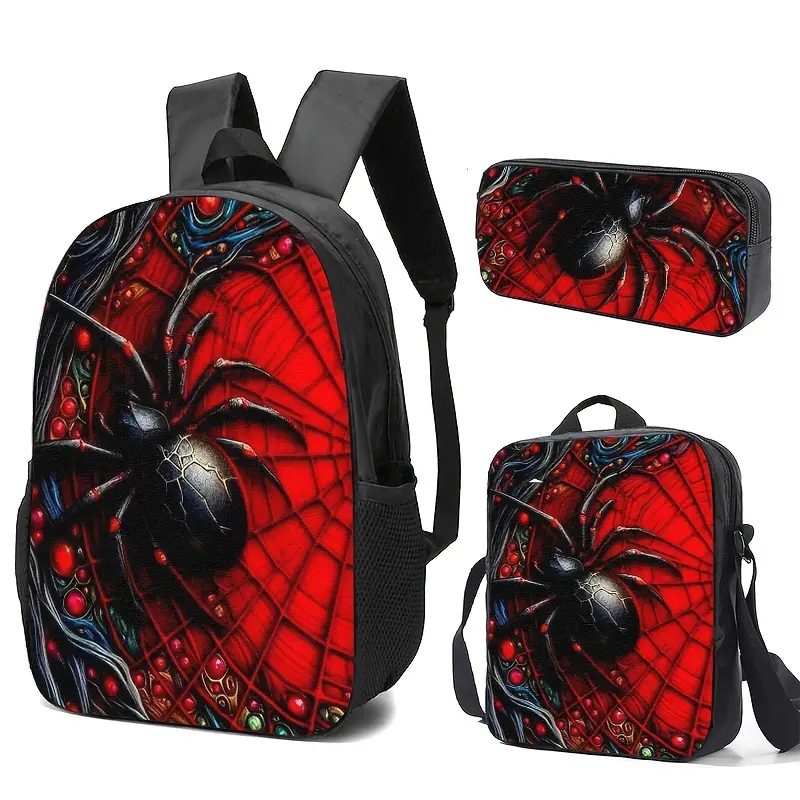 Spider Web-themed Backpack, Pencil Case, and Lunch Bag Set with High-definition Print, Adjustable Straps, Spacious Design, Suitable for Daily Use or Travel.