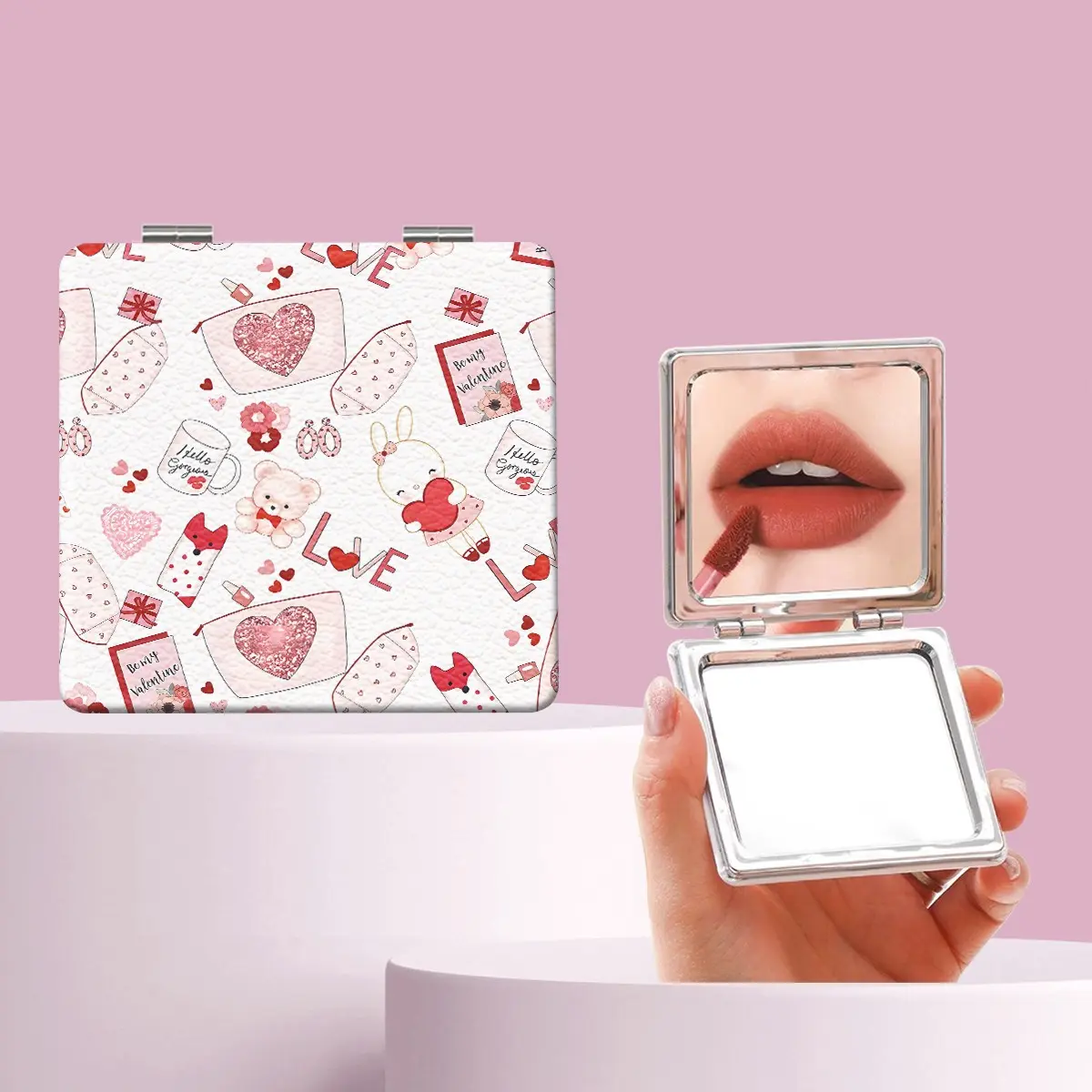 Cute Rabbit Heart Letter Makeup Mirror, Foldable Mini Handheld Mirror, Perfect Gift for Sisters, Friends, Girls, Weddings, Holidays