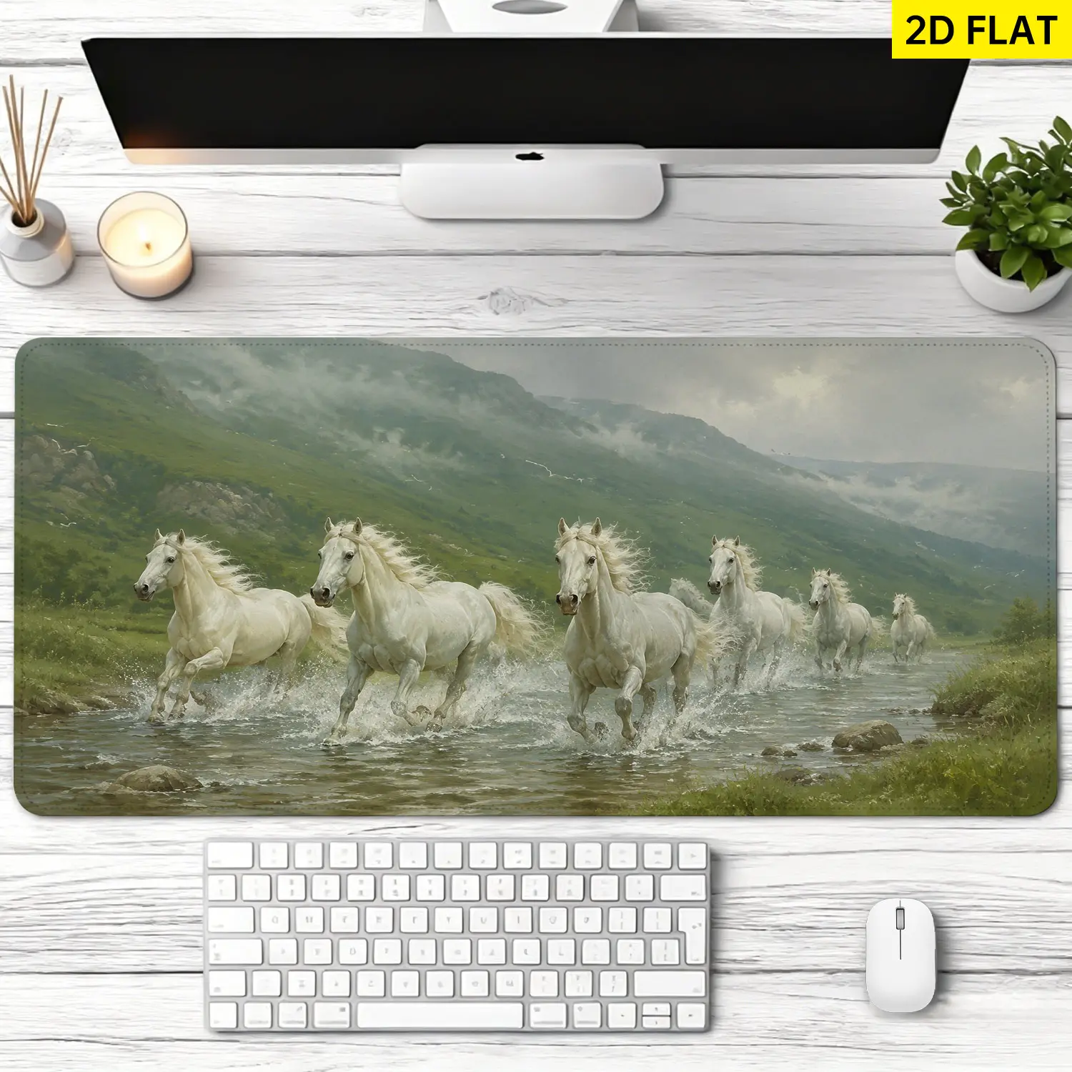 Extra Large running white horses in nature Mouse Pad,Non Slip Rubber Pad,Desktop Decoration Drotection Pad,Washable,Lock Edge Multi Size,Premium Multipurpose Mousepad For Office,Home,Gift for Family and Friends