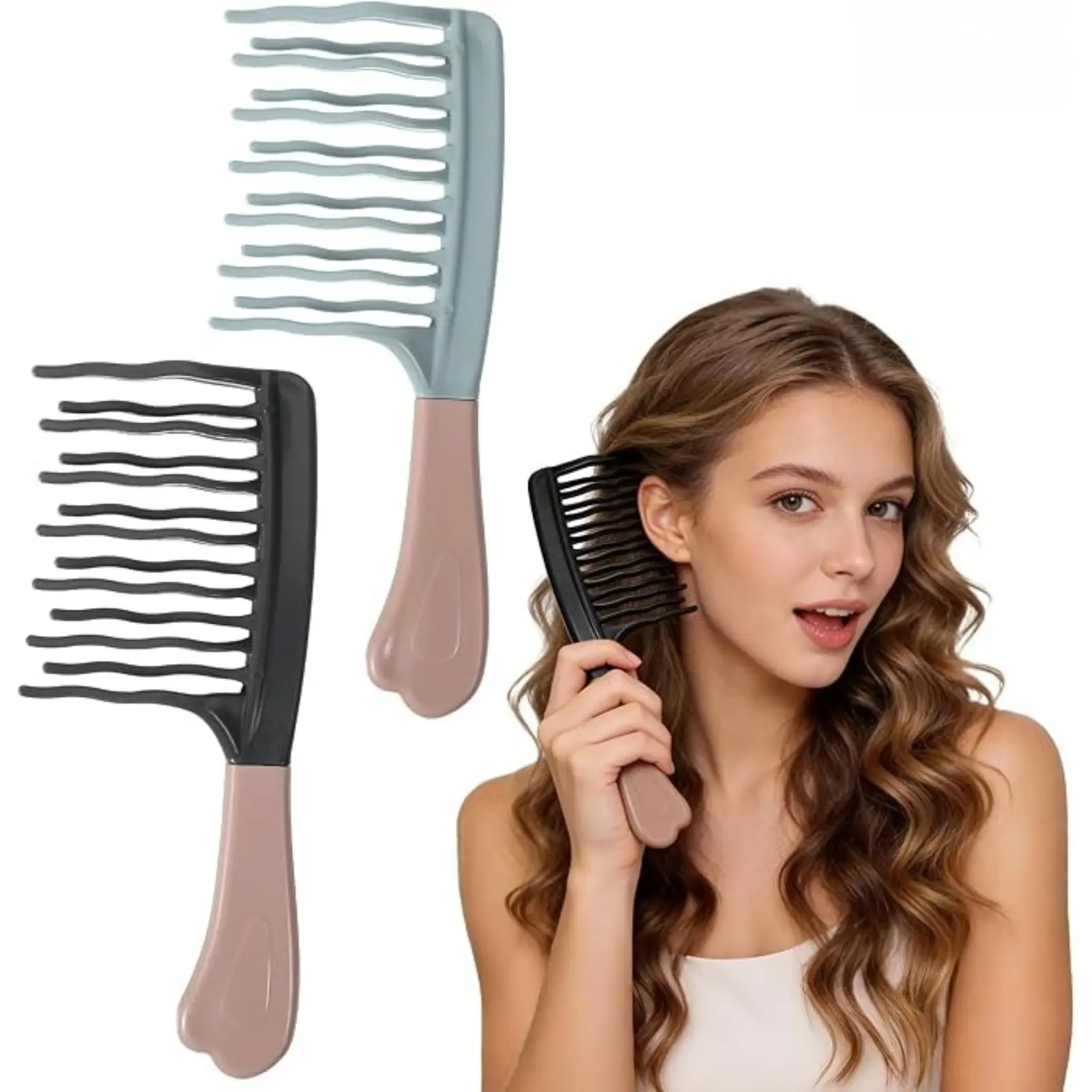 Double Row Wide Tooth Detangling Shower Comb, Wavy Large Teeth Hair Brush for Wet & Dry Thick Curly Long Hair, Styling Tool for Women & Men