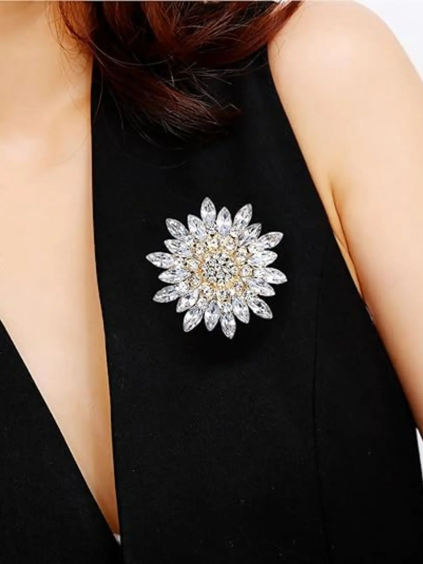 Water Drill Sunflower Brooch, Flower Crystal Pin, Fashionable Elegant Accessory, Hat Bag Decoration, Women's Jewelry