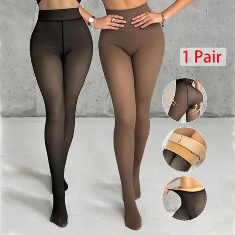 Women's Warm Lined Tight Pants, Fall Winter Essential Fake Transparent Design, Thick Fleece Winter Bottoms, Comfortable Cold Weather Wear Fit, Clothes, Clothing