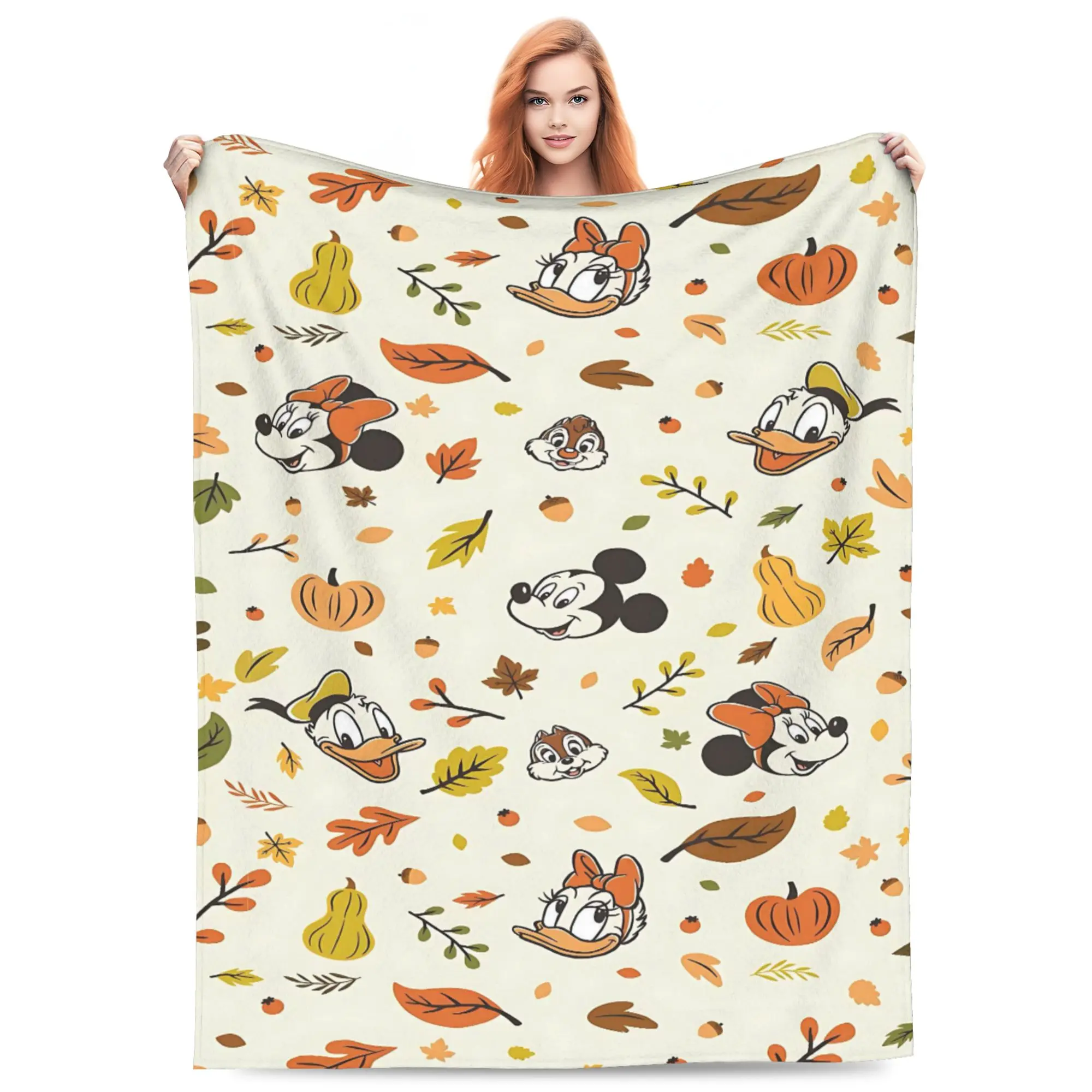 DISNEY CLASSIC Fall Cartoon Character Flannel Blanket, Mickey Minnie Donald Daisy Autumn Pumpkin Maple Leaf Print Throw Blanket, Soft Lightweight Cozy Bed Couch Blanket for Thanksgiving Home Decor