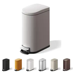 2.6 gal / 10 L Metal Bathroom Trash Can with Lid, Slim Waterproof Garbage Can for Bedroom, Small Step-on Trash Bin with Inner Bucket, Rear Handle, Soft Close Lid, Grey