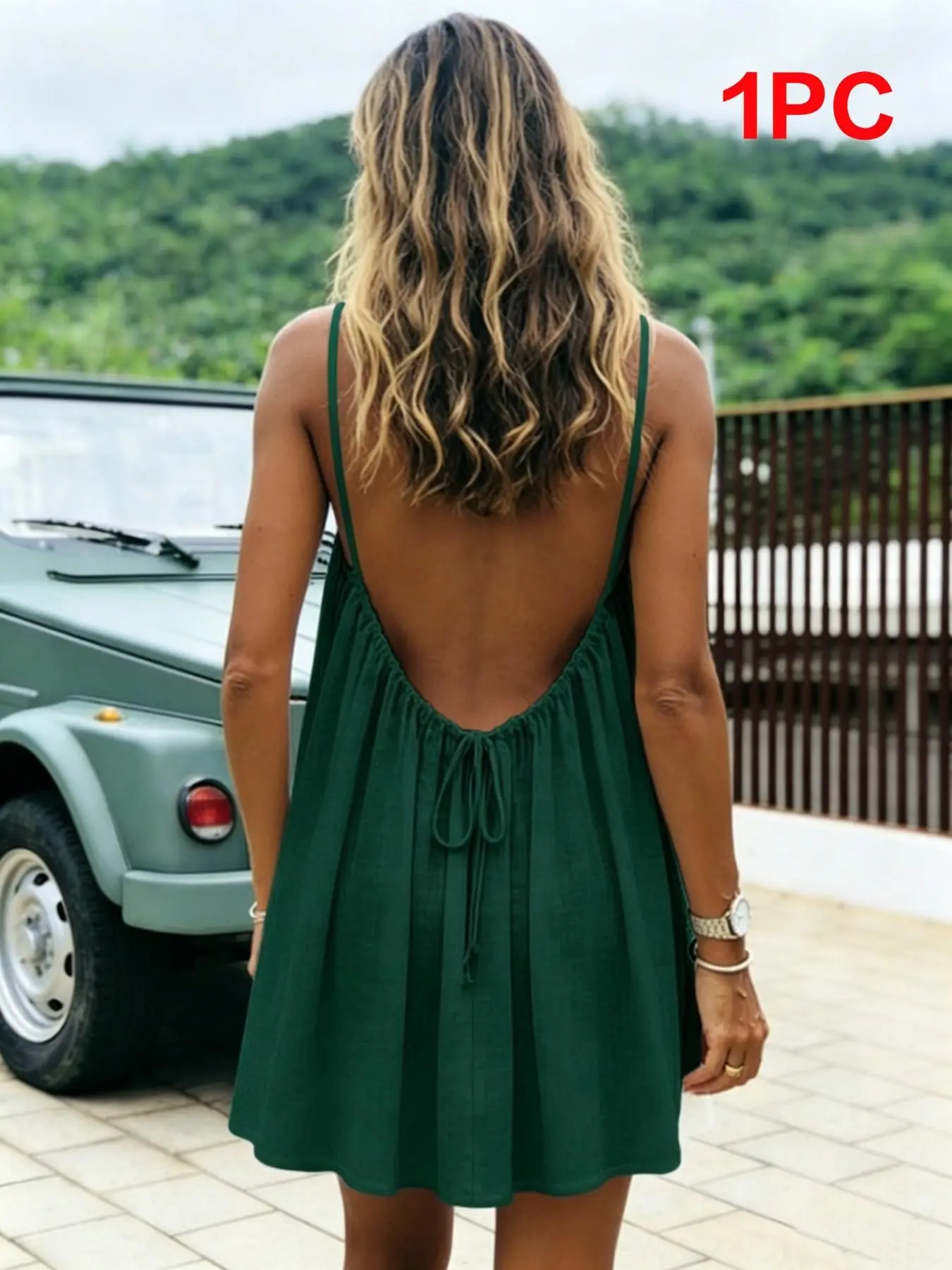 2026 Backless Cami Dress for Women, Sleeveless Casual Boho Style, Chic, Loose-Fitting Above Knee Dress, Plain Surface, Drawstring Design