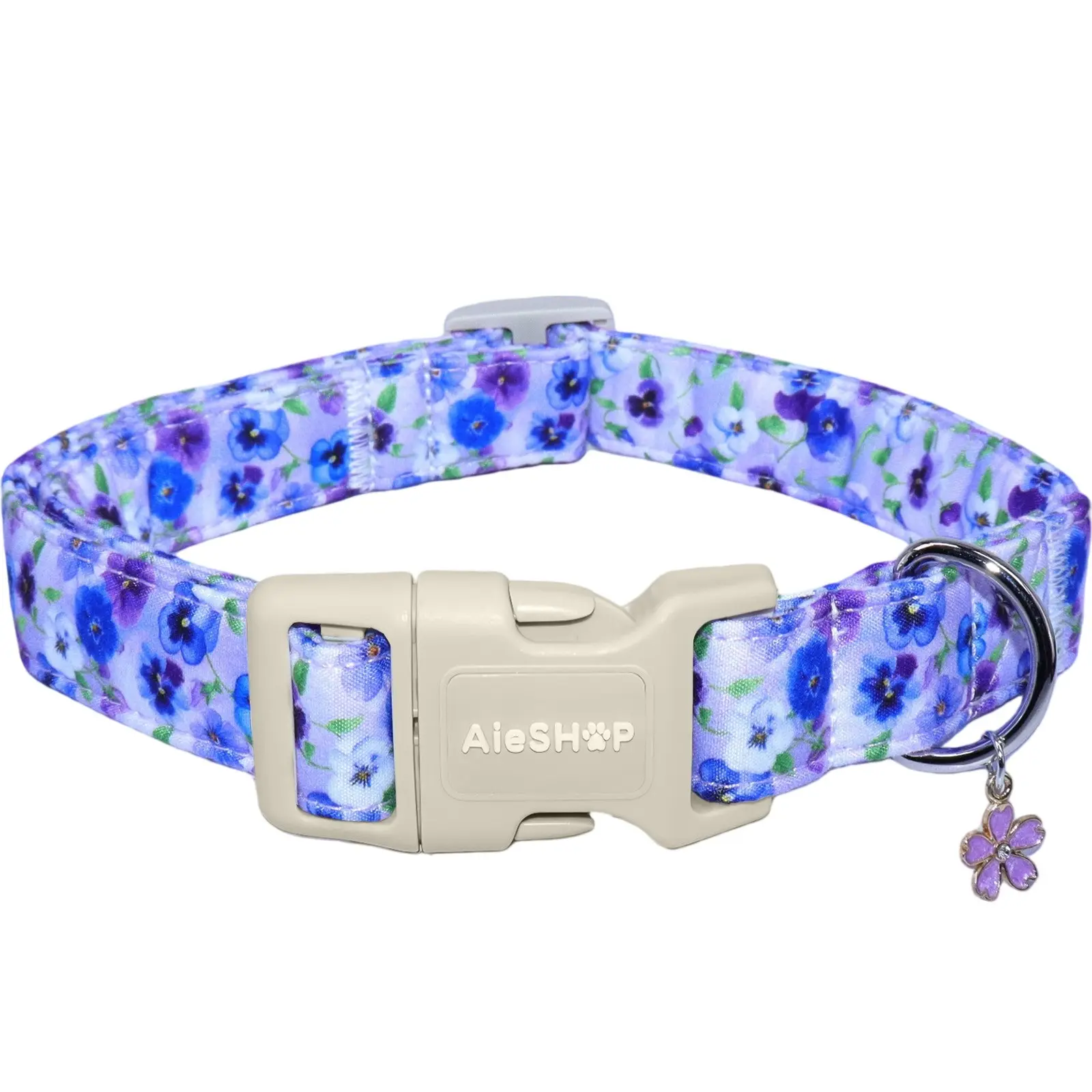 Light Purple Pansy Floral Dog Collar with Rhinestone Flower Metal Pendant, Soft Cotton Durable Puppy Collar, Adjustable Quick Release Safety Buckle, Long-Lasting & Pet Safe, Multi Sizes for Small Medium Large Dogs, Various Patterns, Delicate Pet Gift