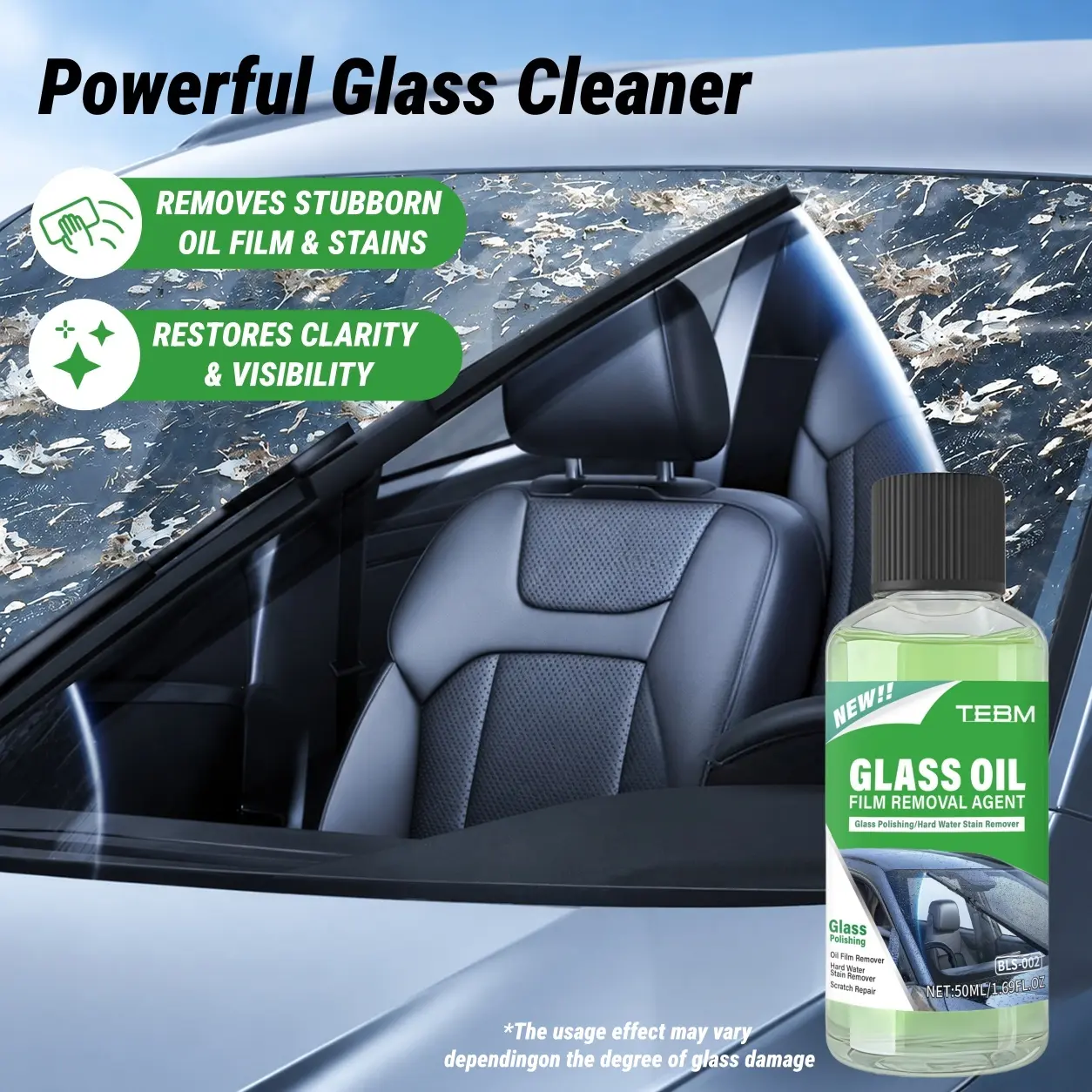 Car windshield cleaner, rain-proof and reduces fog and oil film traces, effectively restoring clear vision, available in rearview mirror/side window/windshield