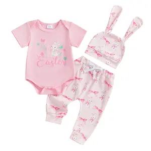 My First Easter Baby Boy Outfit Newbon Bunny Outfits 1st Easter Romper+Overall Pants+Hats 3Pcs