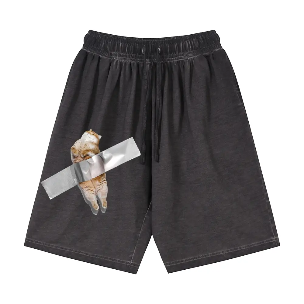 Unisex Realistic Depiction of the Viral Meme of a Chubby Orange Cat Taped Up Graphic Gradient Washed Shorts Personalized Pattern Y2k Clothing Gradient Washed Shorts,Women's Clothing, Menswear, Vintage Style,Summer Casual Oversized