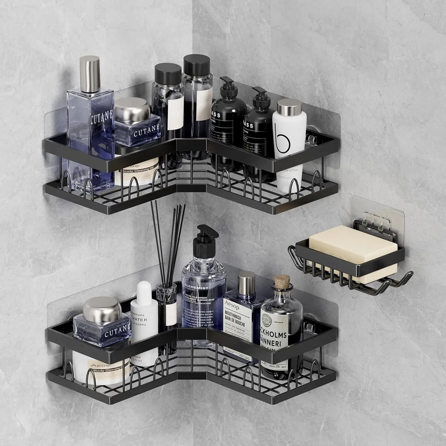 Black Painted 3-Pack Compartmentalized Corner Shower Caddy - Wall-Mounted Stainless Steel Bathroom Organizer Shelf with Adhesive No-Drilling Design, Soap Dish, Towel Hooks, Rechargeable Function for Bathroom Organization