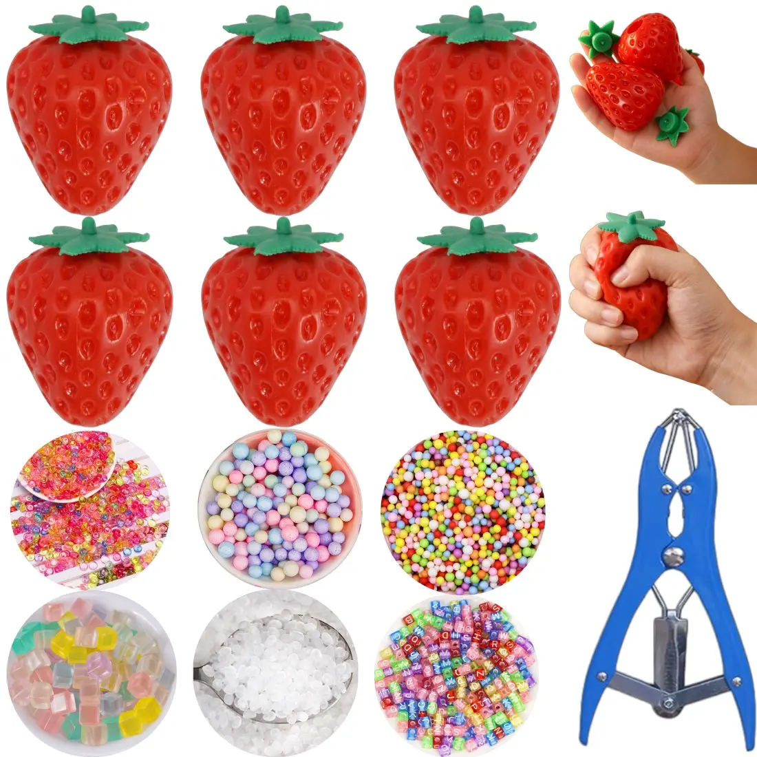 Squishy Ball Kit Making Set, Includes 6 Filling Packs, Strawberry Shape Blank Skins, Expansion Tool, Stress Relief for Adults