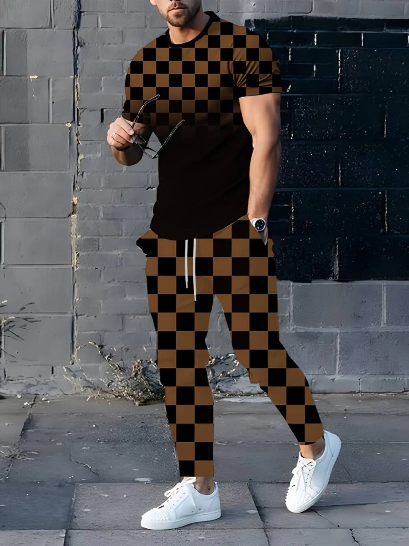 Men's 3D Geometric Gradient Print Suit, Short Sleeve and Long Pants Set, Casual Fitted All-Seasons Clothing, Regular Length, Unlined, Printed Pants Set