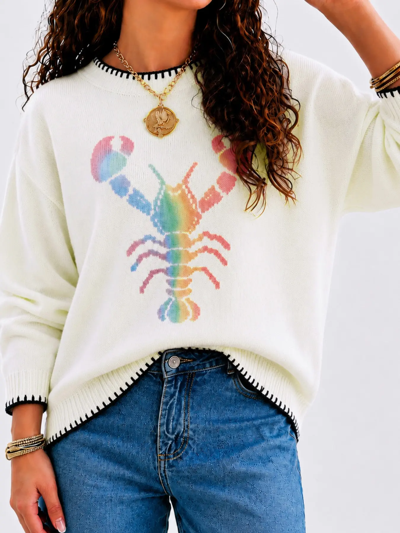 Rainbow Lobster Print Knit Sweater, Contrast Stitching Round Neck Pullover, Stylish and Comfortable Knitted Top for Daily Wear