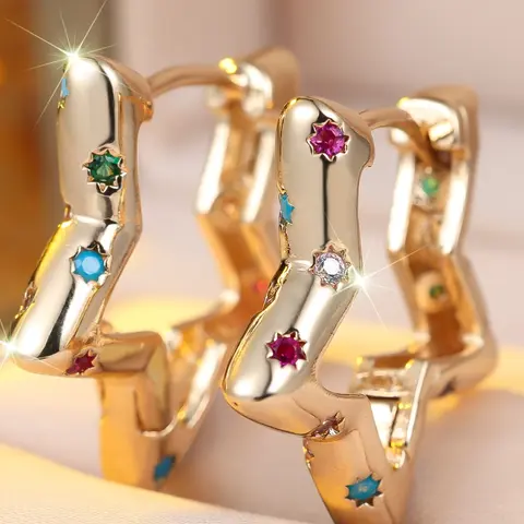 Synthetic Colorful Diamond Star Earrings, Fake Earrings, Earrings Hoops, Cute and Playful Design, Unisex Fashion Jewelry, Perfect for Daily Wear