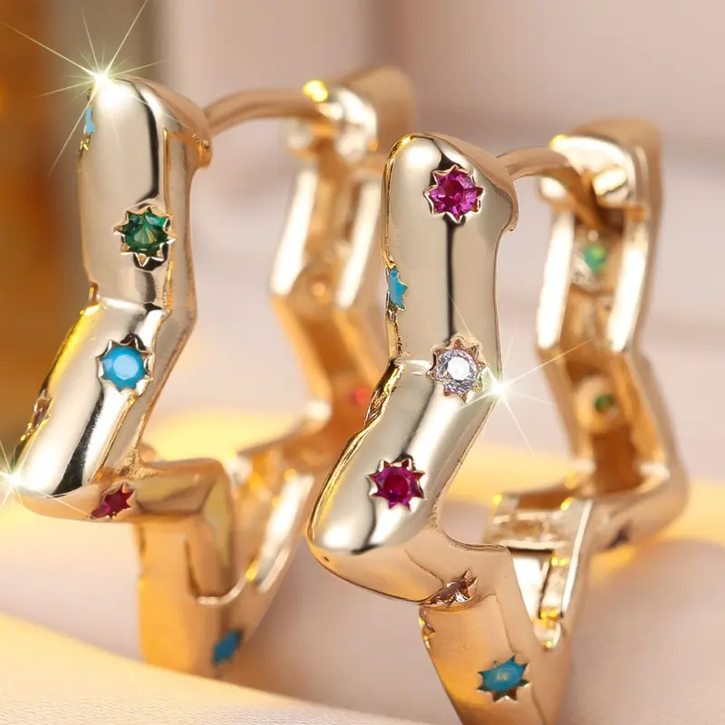 Synthetic Colorful Diamond Star Earrings, Fake Earrings, Earrings Hoops, Cute and Playful Design, Unisex Fashion Jewelry, Perfect for Daily Wear