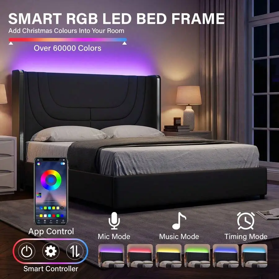 Modern LED Upholstered Bed Frame With Wooden Headboard – Soft PU Leather & Platform Design, Easy Assembly, Perfect For Bedroom,  Twin Bed Frame/ Full Bed Frame/ Queen Bed Frame, Black/Pink/Beige (USB LED Strip)