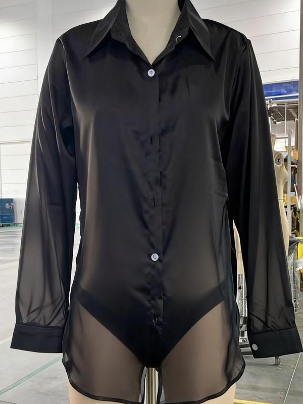 European and American style satin collared shirt for women, side slit, flowing drape, elegant long-sleeved top for commuting.